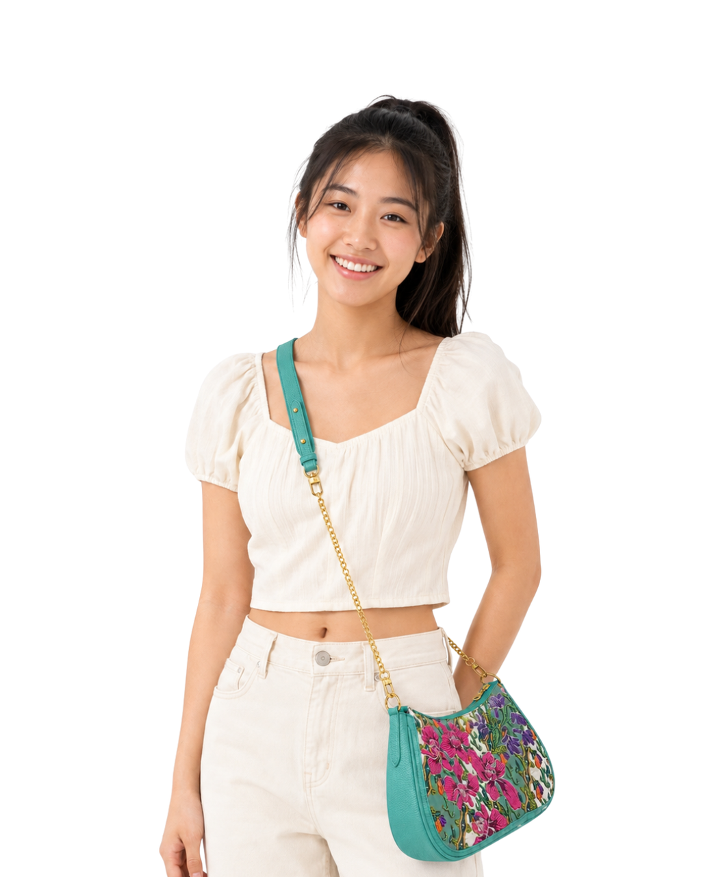 (SHBLSB-ORPNKPUR-TUR) Pink Purple Orchid Turquoise Leather Shoulder Bag