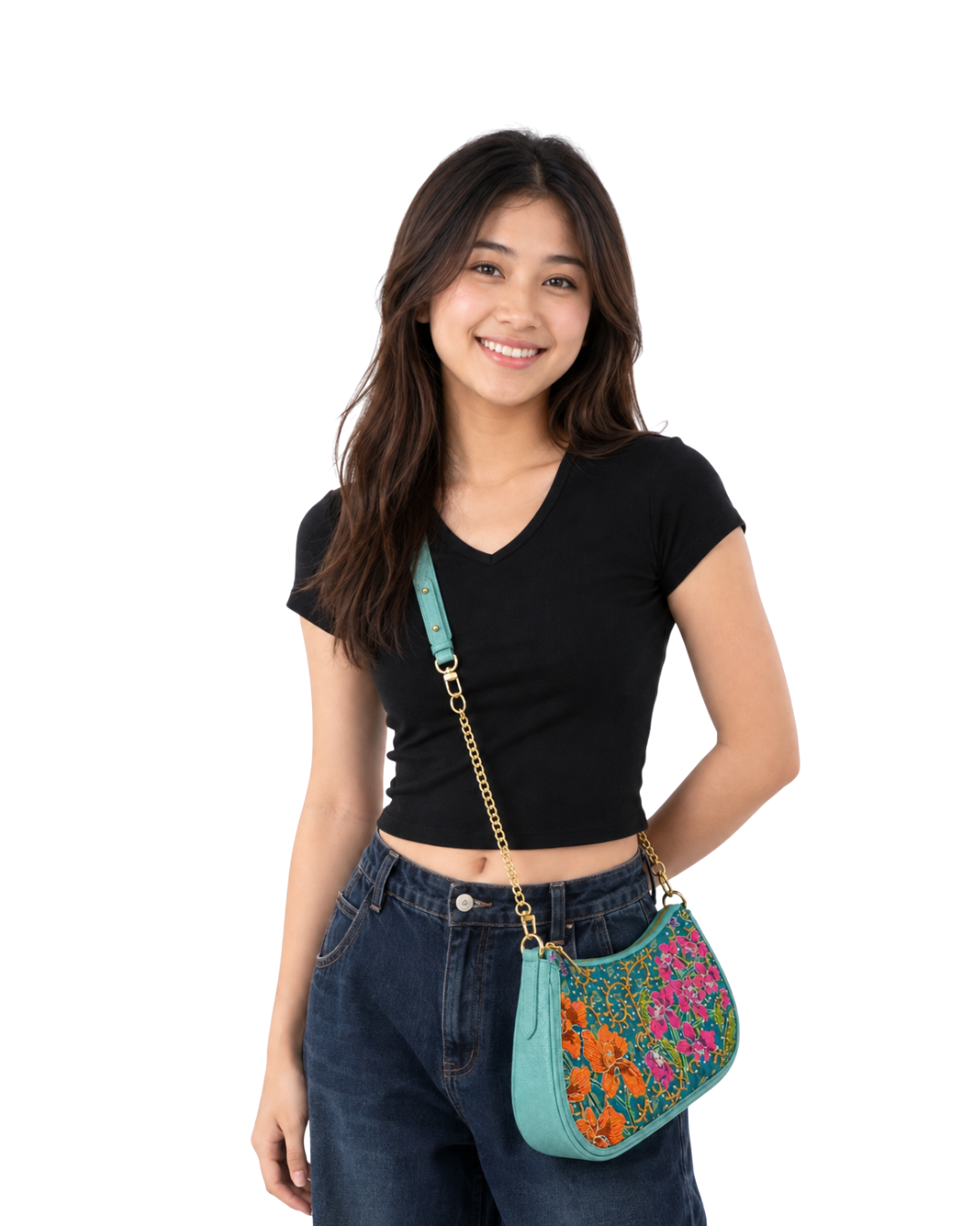 (SHBLSB-ORPNKORG-TUR) Pink Orange Orchid Turquoise Leather Shoulder Bag