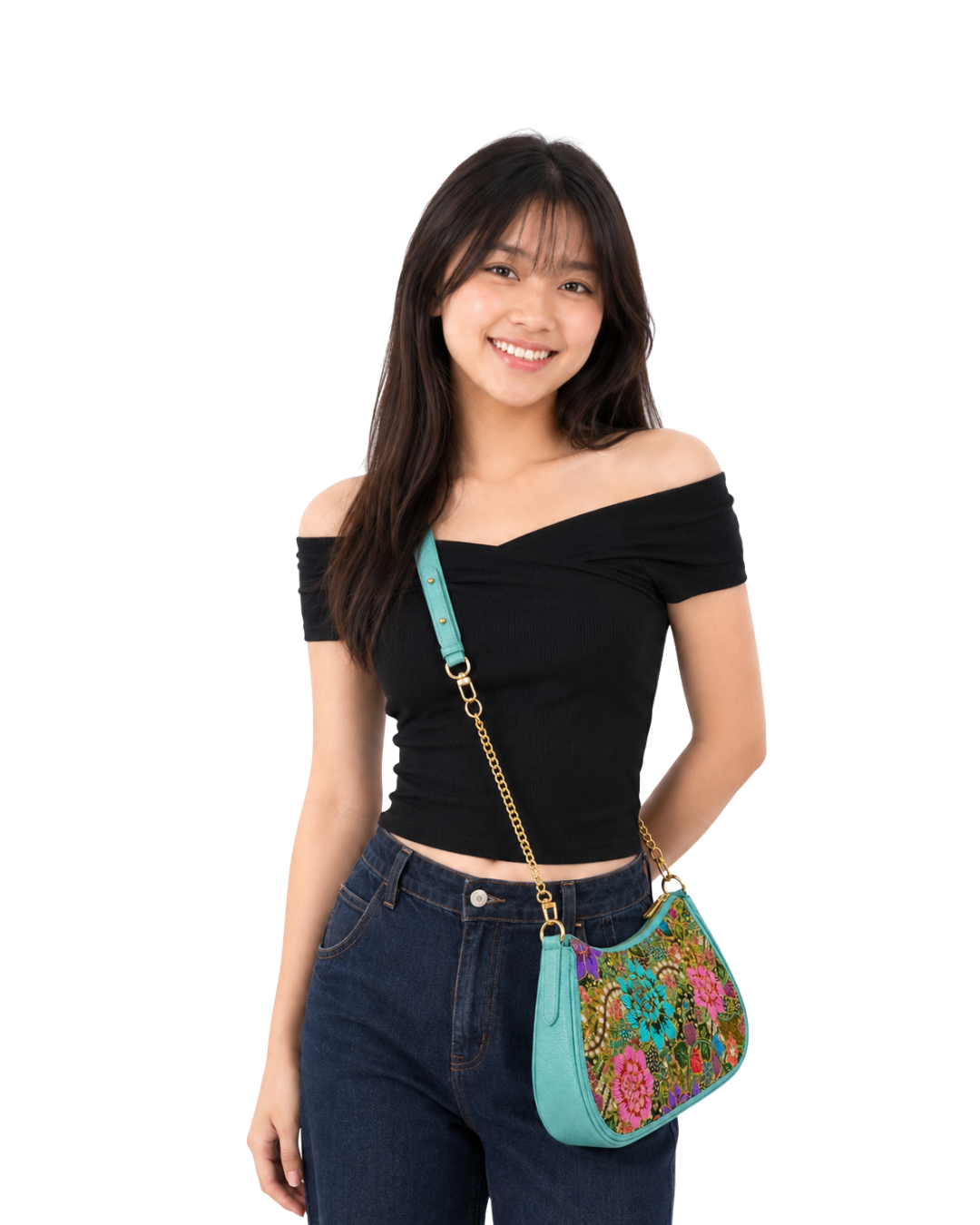 (SHBLSB-PF-TUR) Turquoise Peony Flower Leather Shoulder Bag