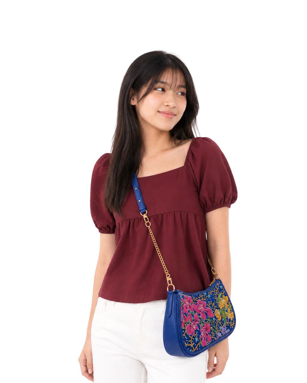(SHBLSB-ORPNKYLW-BLU) Pink Yellow Orchid Blue Leather Shoulder Bag