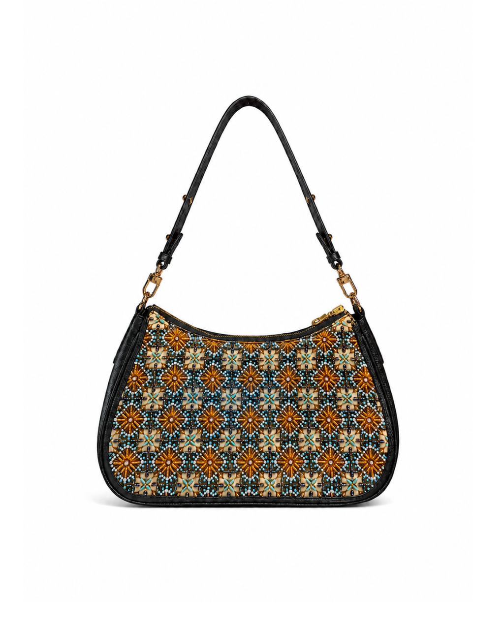 (SHBLSB-PT-BLK) Black Uniform Peranakan Tiles Leather Shoulder Bag