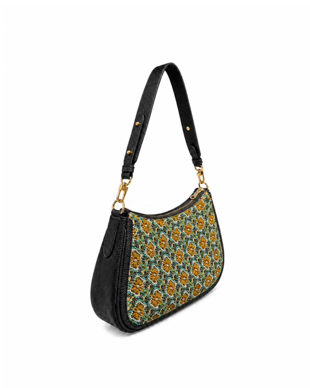 (SHBLSB-PT-BLK) Black Uniform Peranakan Tiles Leather Shoulder Bag