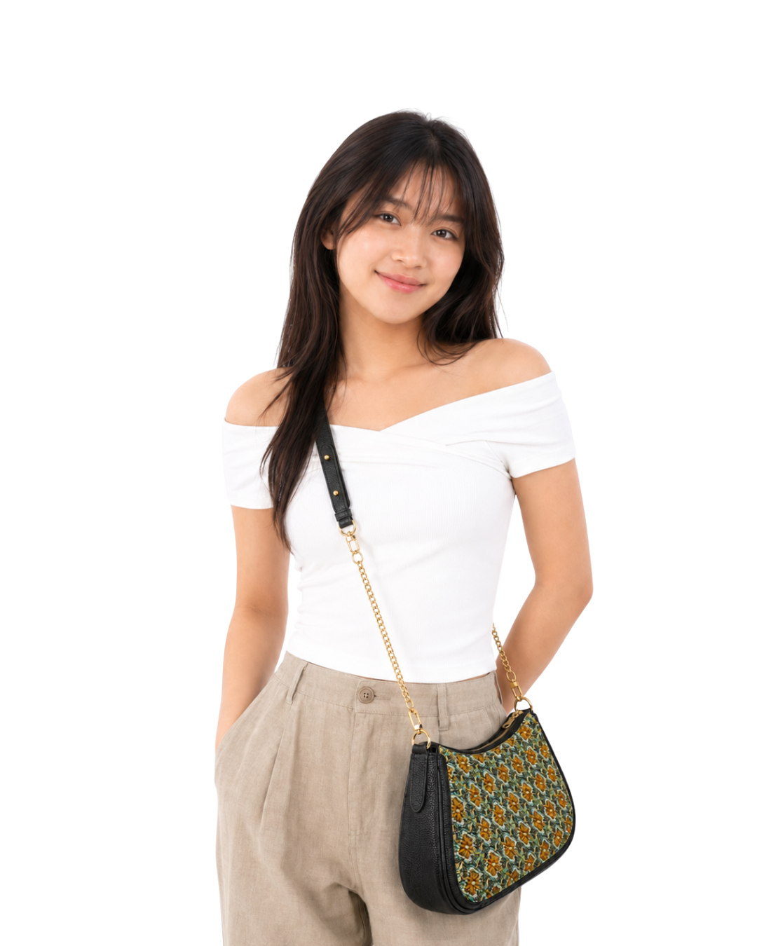 (SHBLSB-PT-BLK) Black Uniform Peranakan Tiles Leather Shoulder Bag