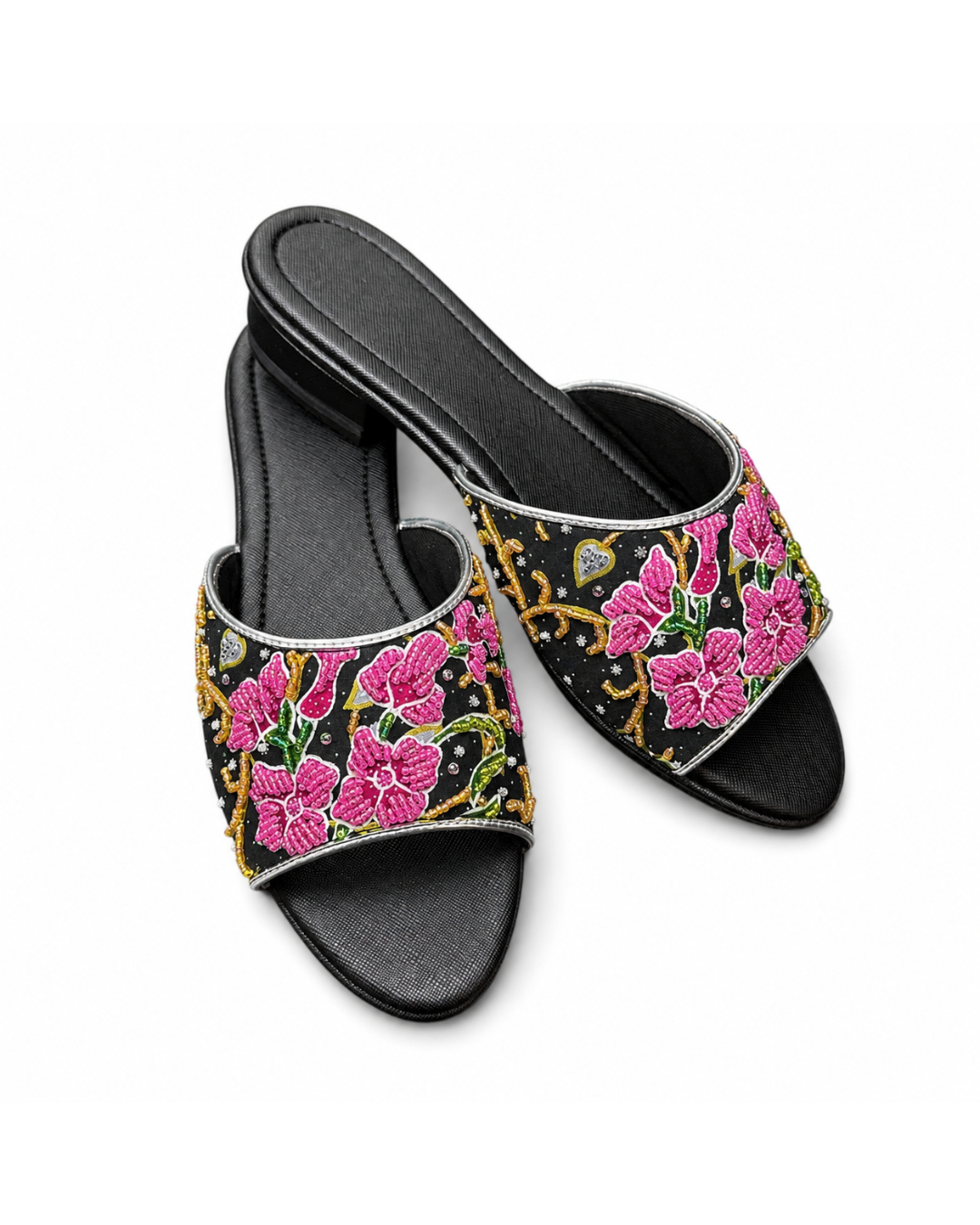 (FBLK-ORPNK) Black Flats - Pink Beaded Orchid