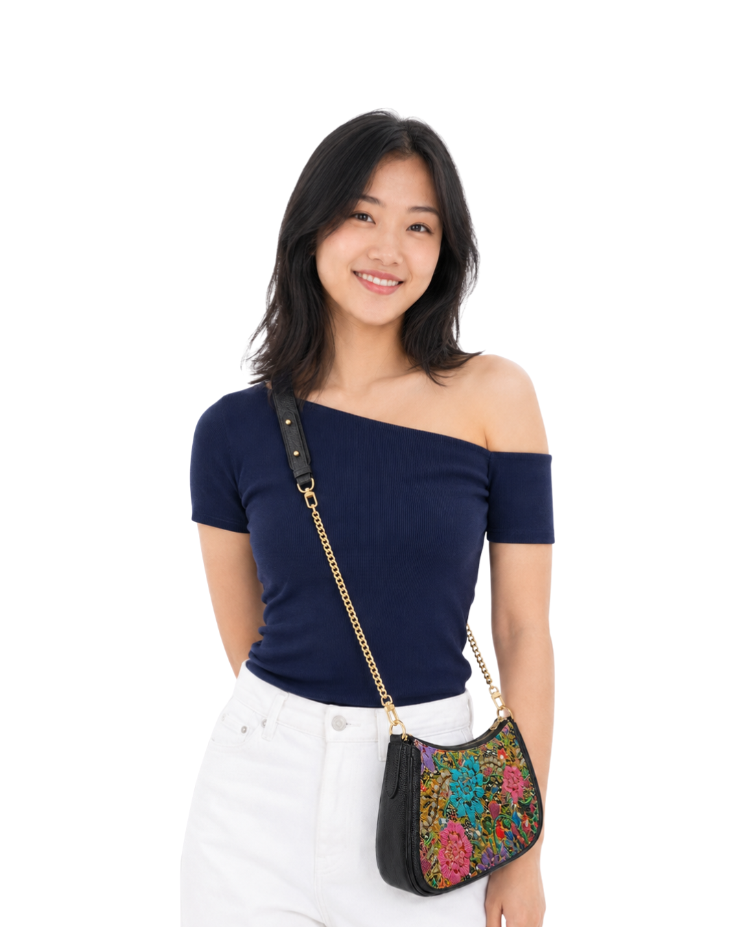 (SHBLSB-PF-BLK) Black Peony Flower Leather Shoulder Bag