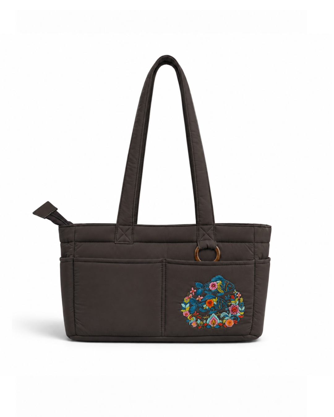 (TTCPEBB-FF-BRN) Brown Puffer Flower Fish Embroidery Boston Bag
