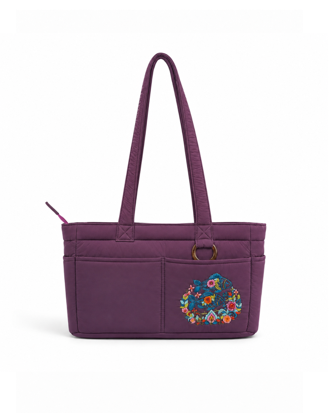 (TTCPEBB-FF-DPU) Dark Purple Puffer Flower Fish Embroidery Boston Bag