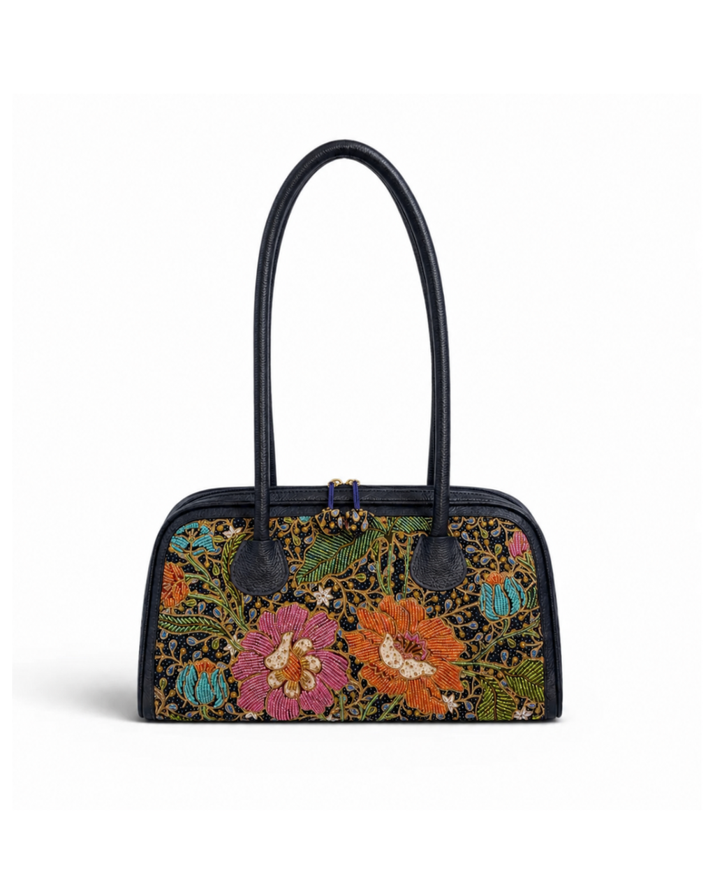 (TTCLBB-PG-NBL) Navy Blue Peony Flower Leather Boston Bag