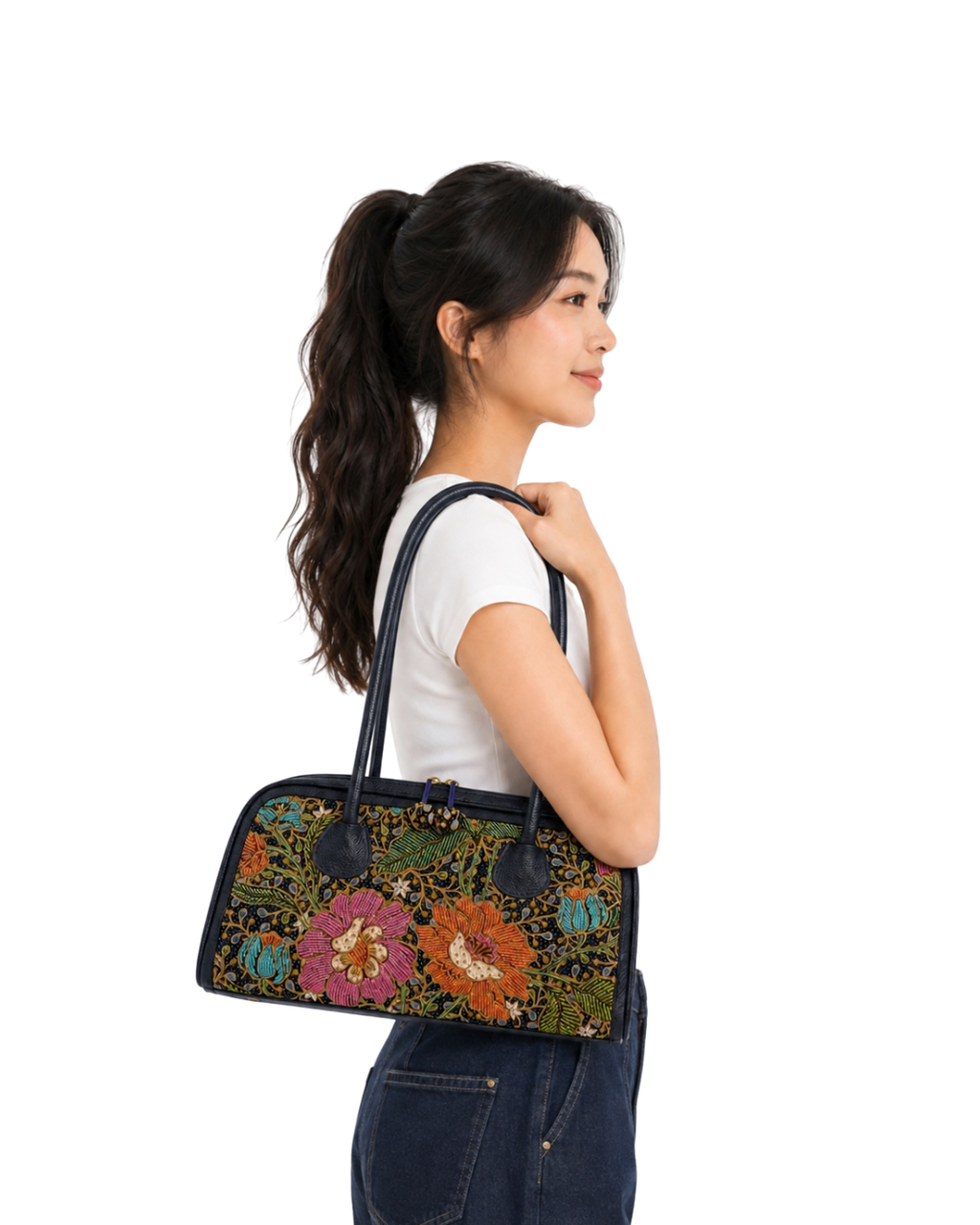 (TTCLBB-PG-NBL) Navy Blue Peony Flower Leather Boston Bag
