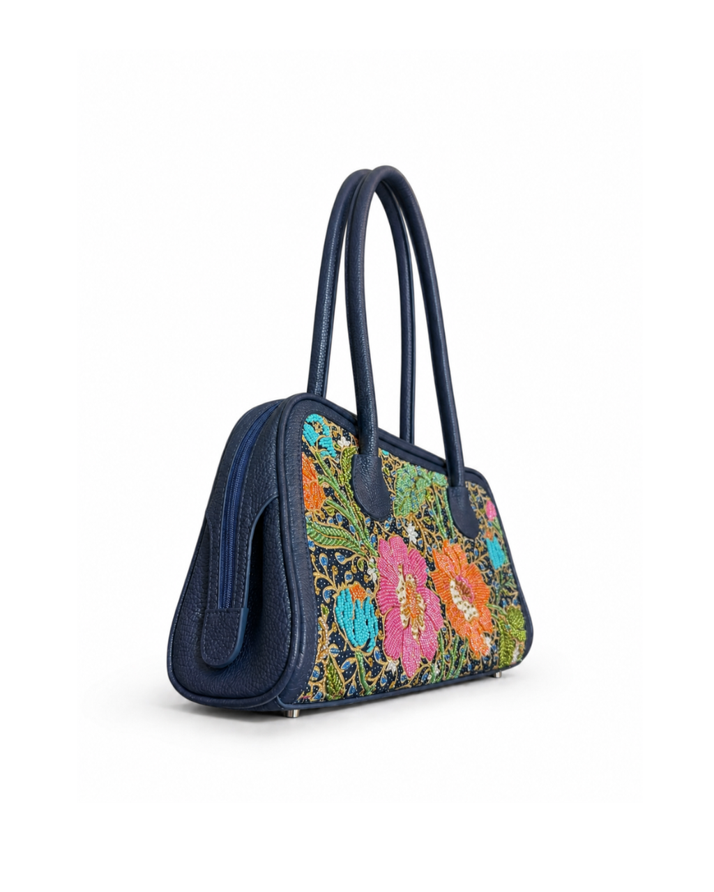 (TTCLBB-PG-NBL) Navy Blue Peony Flower Leather Boston Bag