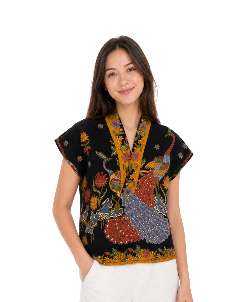 (TKB-PE-BLKORG) Black Orange Peacock Kimono Blouse
