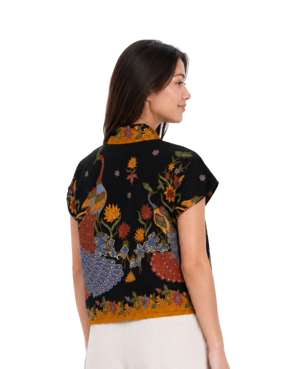 (TKB-PE-BLKORG) Black Orange Peacock Kimono Blouse