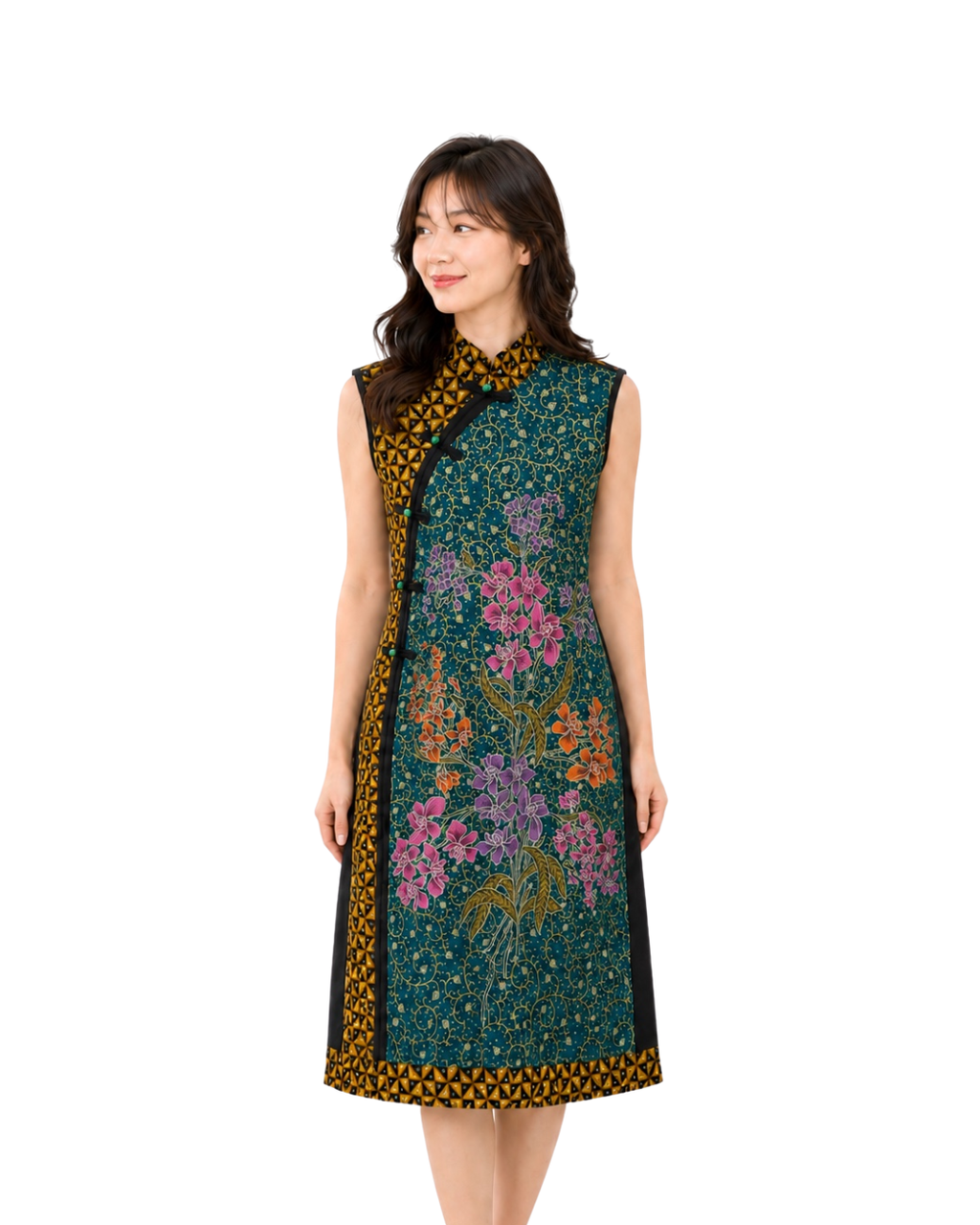 (DCD-OR-TURBLK) Orchid Turquoise Black Cheongsam Dress