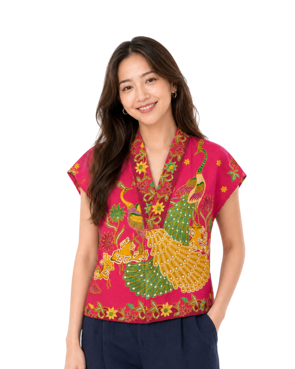 (TKB-PE-PNK) Pink Peacock Kimono Blouse