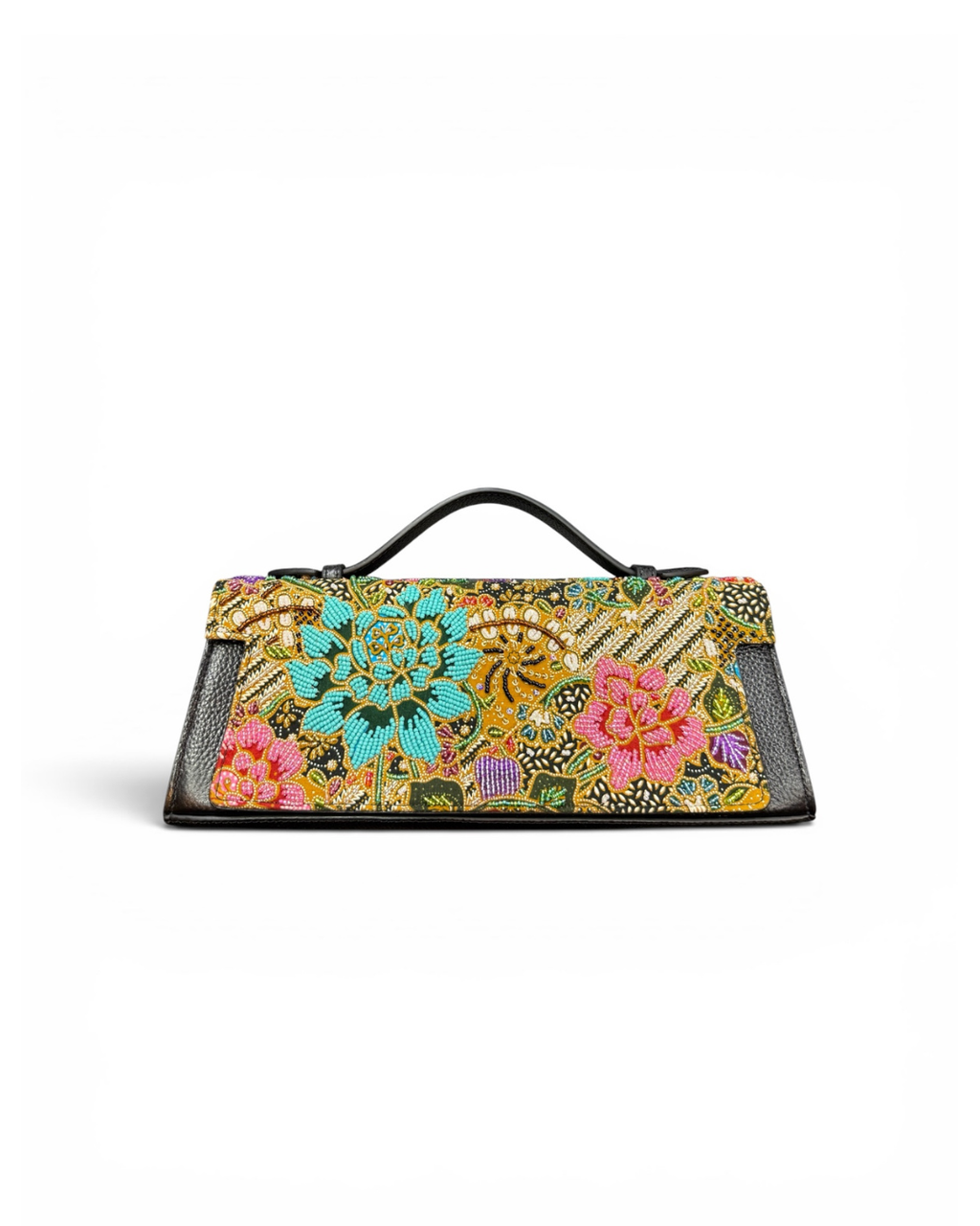 (TTCLTB-PFTURPNK-BLK) Turquoise Pink Peony Flower Black Leather Trapeze Bag