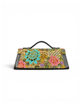 (TTCLTB-PFTURPNK-BLK) Turquoise Pink Peony Flower Black Leather Trapeze Bag