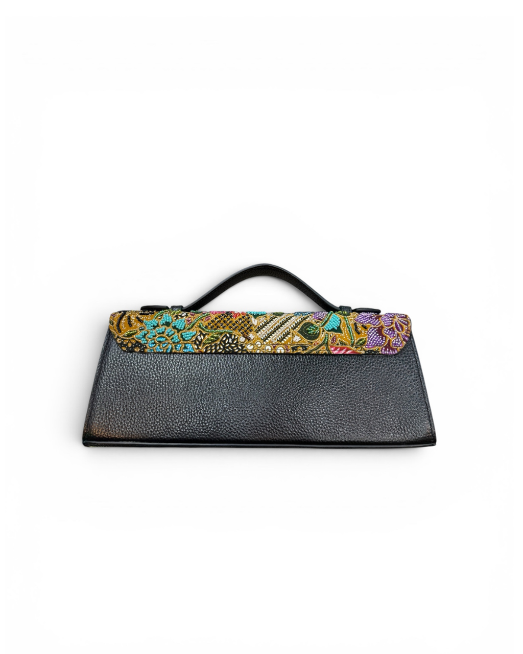 (TTCLTB-PFTURPNK-BLK) Turquoise Pink Peony Flower Black Leather Trapeze Bag