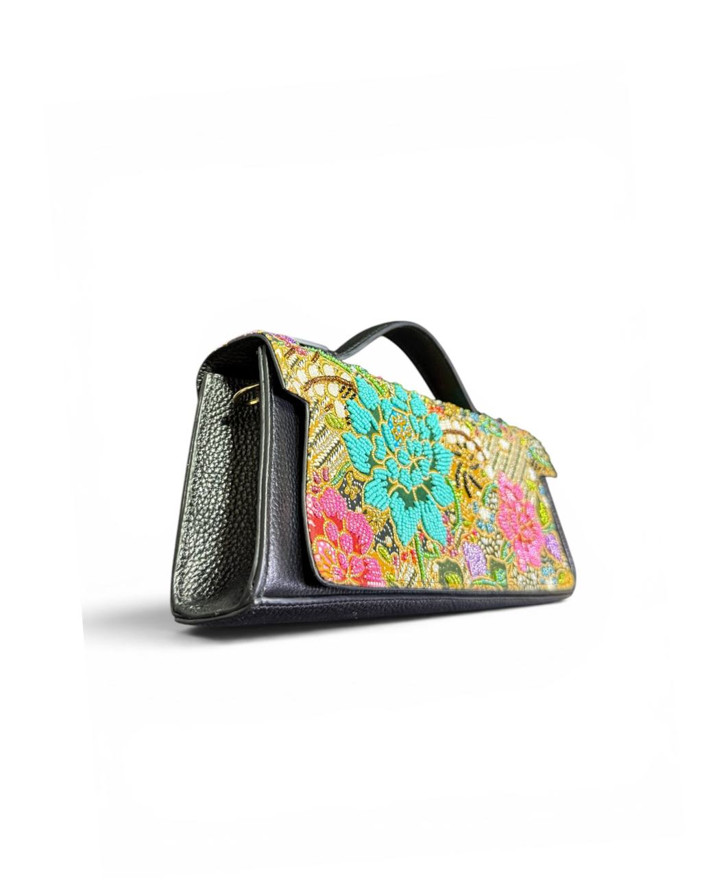 (TTCLTB-PFTURPNK-BLK) Turquoise Pink Peony Flower Black Leather Trapeze Bag