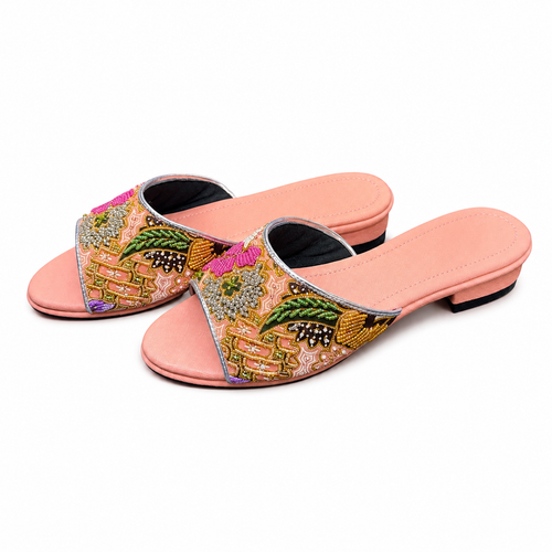 (FPE-FLOPI) Peach Flats - Pink Beaded Flower