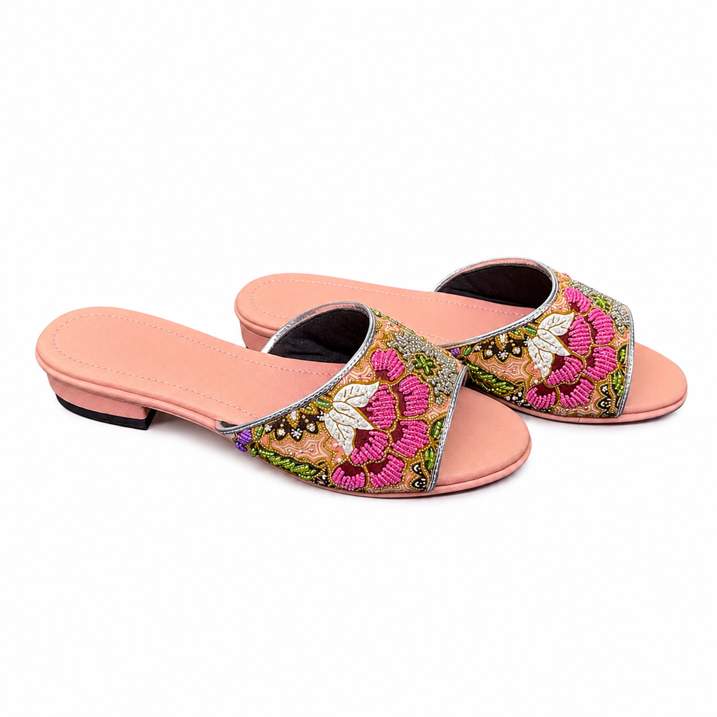 (FPE-FLOPI) Peach Flats - Pink Beaded Flower