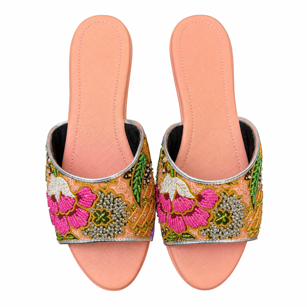(FPE-FLOPI) Peach Flats - Pink Beaded Flower