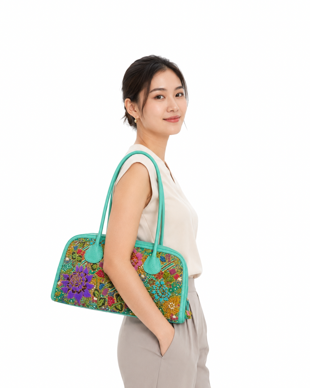 Turquoise Leather Boston Bag