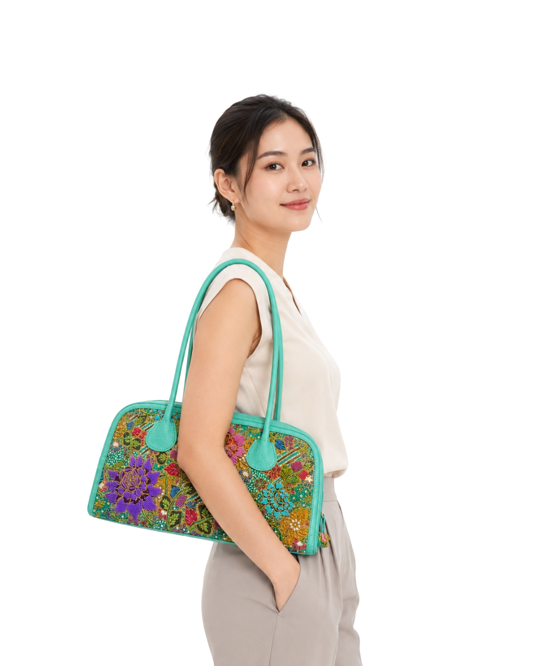 Turquoise Leather Boston Bag