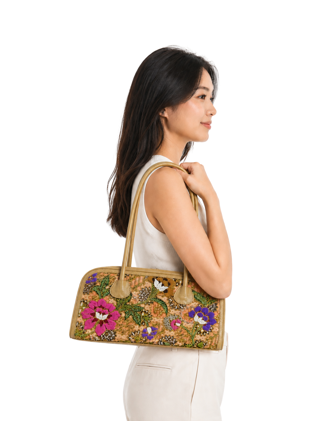 Beige Leather Boston Bag