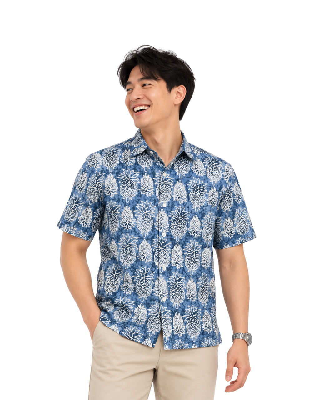 (SSPC-PIM-BLU) Short Sleeve Pointed Collar Blue Mini Pineapple Shirt