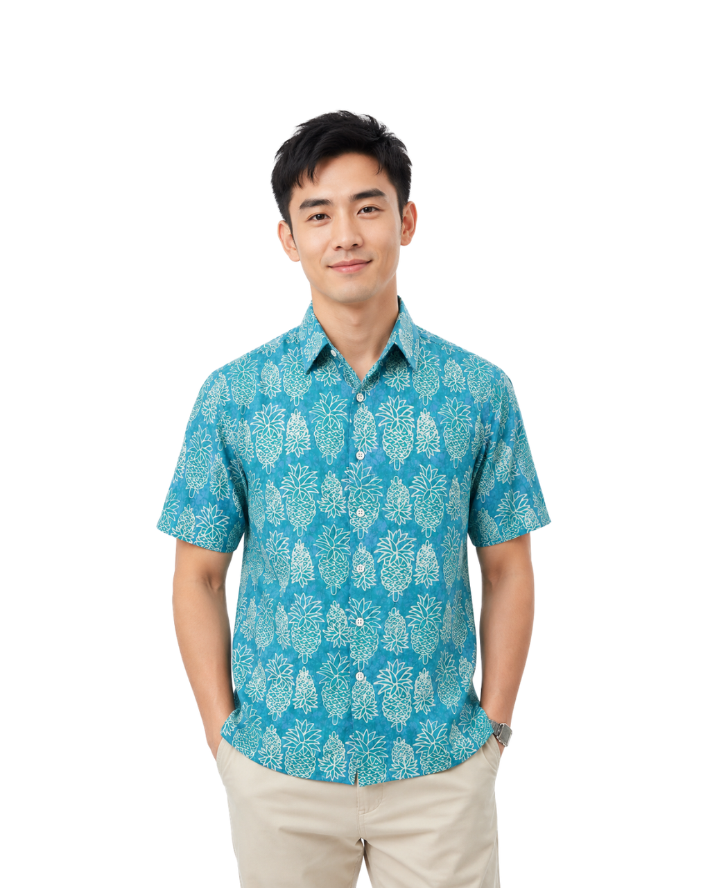 (SSPC-PIM-TUR) Short Sleeve Pointed Collar Turquoise Mini Pineapple Shirt