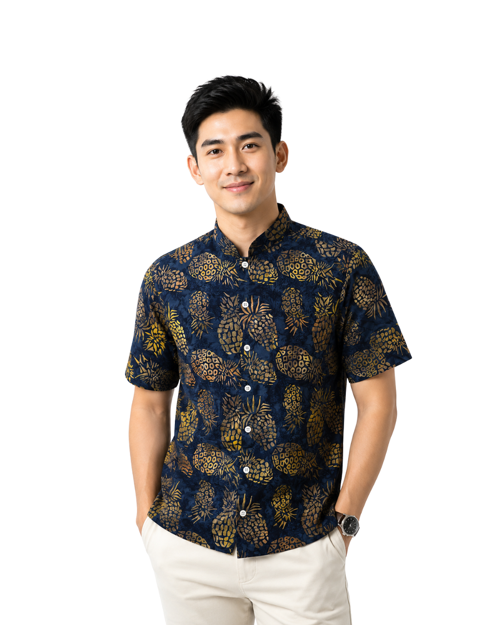 (SSMC-PI-BLU) Short Sleeve Mandarin Collar Blue Pineapple Shirt