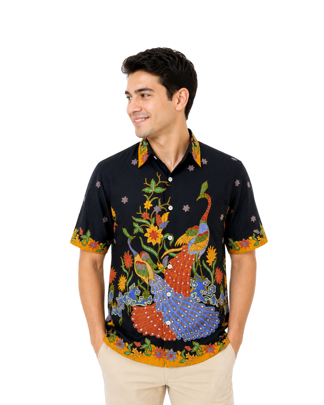 (SSPC-PE-BLKORG) Short Sleeve Pointed Collar Black Orange Peacock Shirt