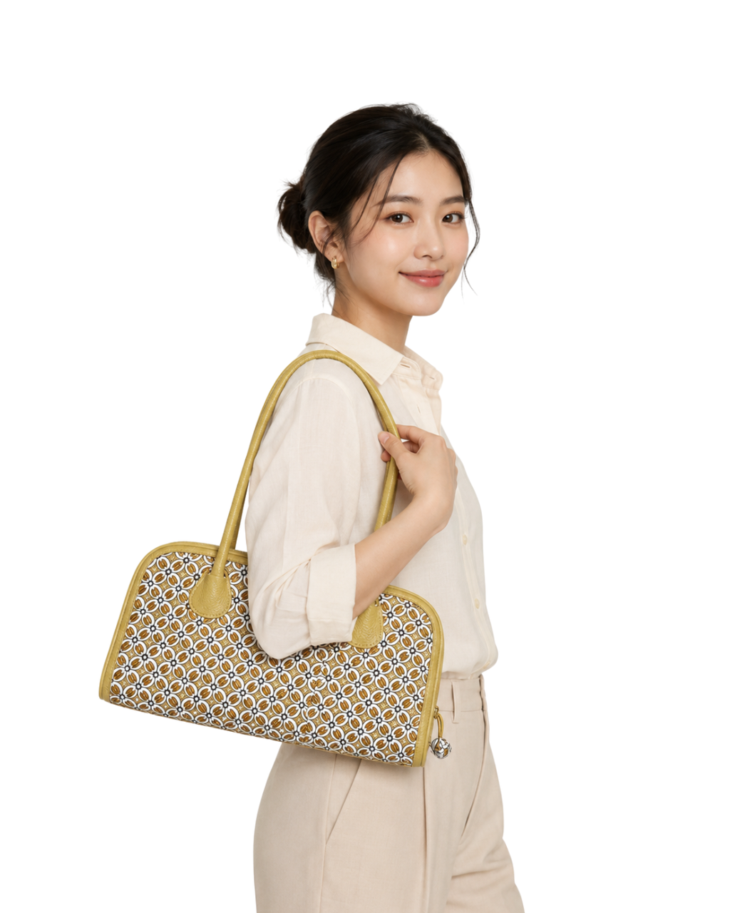 Beige Uniform Leather Boston Bag