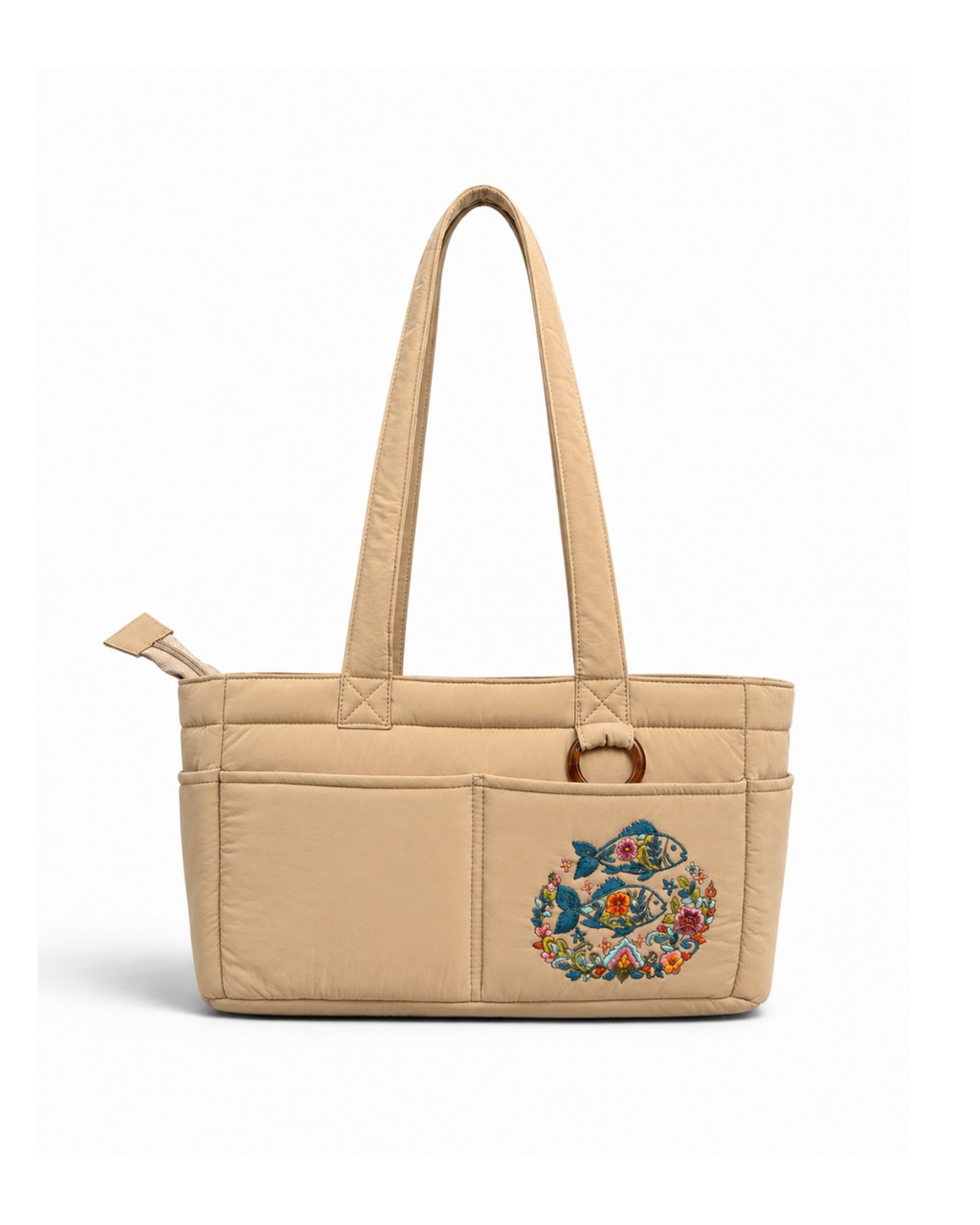 (TTCPEBB-FF-KHK) Khaki Puffer Flower Fish Embroidery Boston Bag