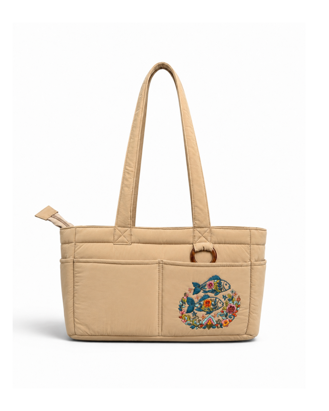 (TTCPEBB-FF-KHK) Khaki Puffer Flower Fish Embroidery Boston Bag