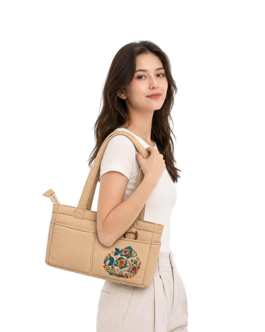 (TTCPEBB-FF-KHK) Khaki Puffer Flower Fish Embroidery Boston Bag