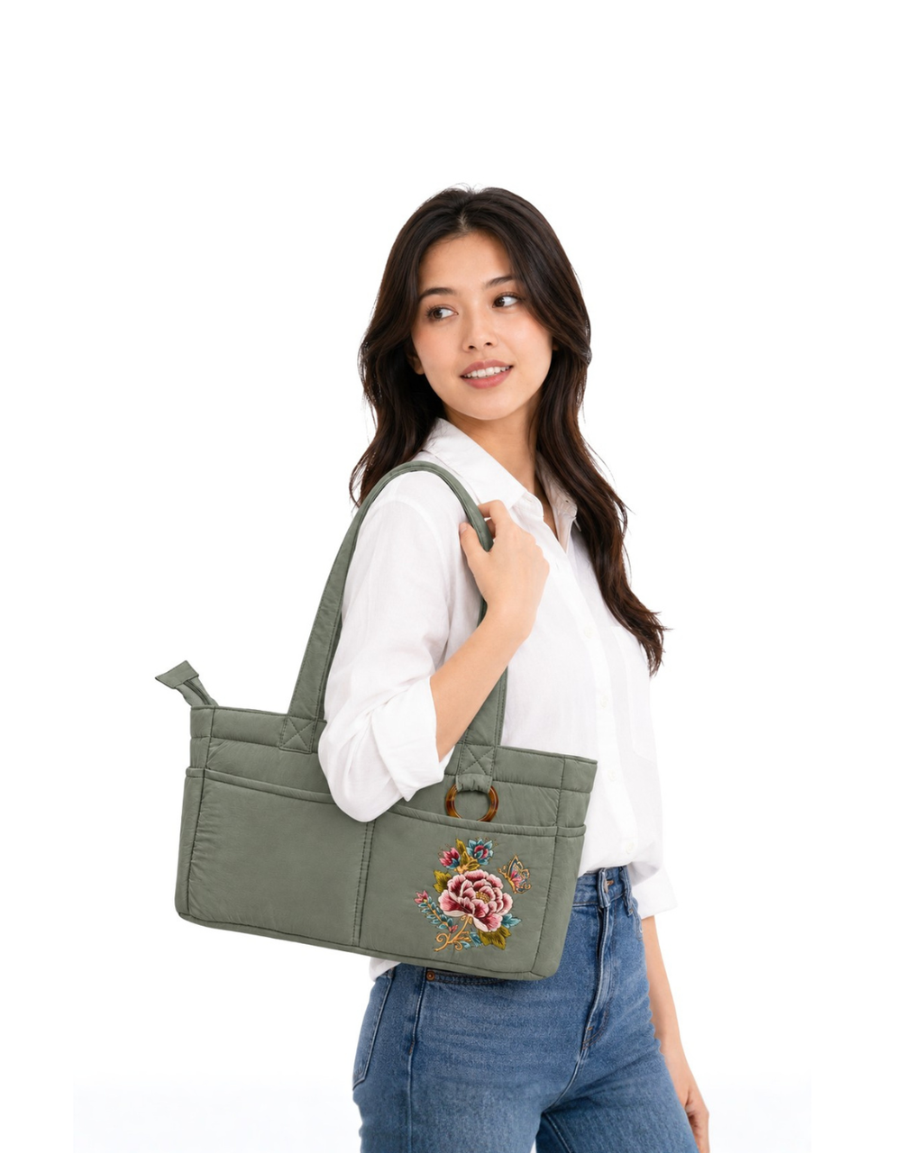 (TTCPEBB-PF-GRN) Green Puffer Peony Flower Embroidery Boston Bag