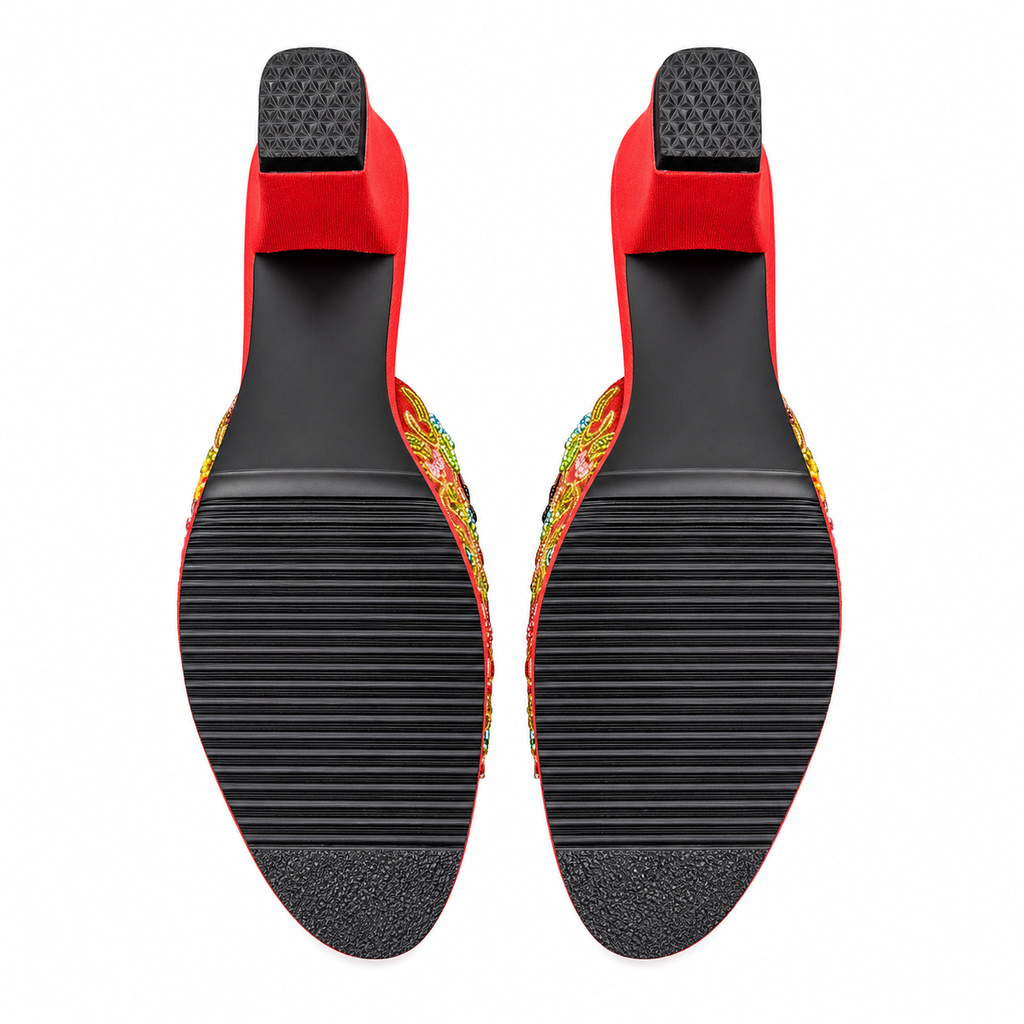(HR-FLOPU) Red Heels - Purple Beaded Flower