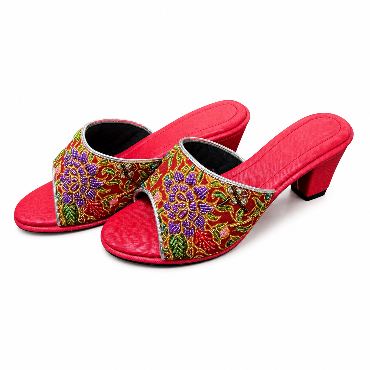 (HR-FLOPU) Red Heels - Purple Beaded Flower