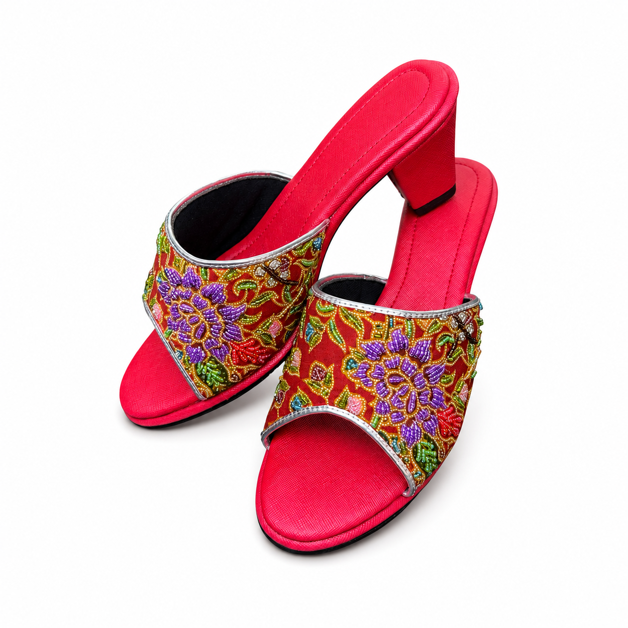 (HR-FLOPU) Red Heels - Purple Beaded Flower