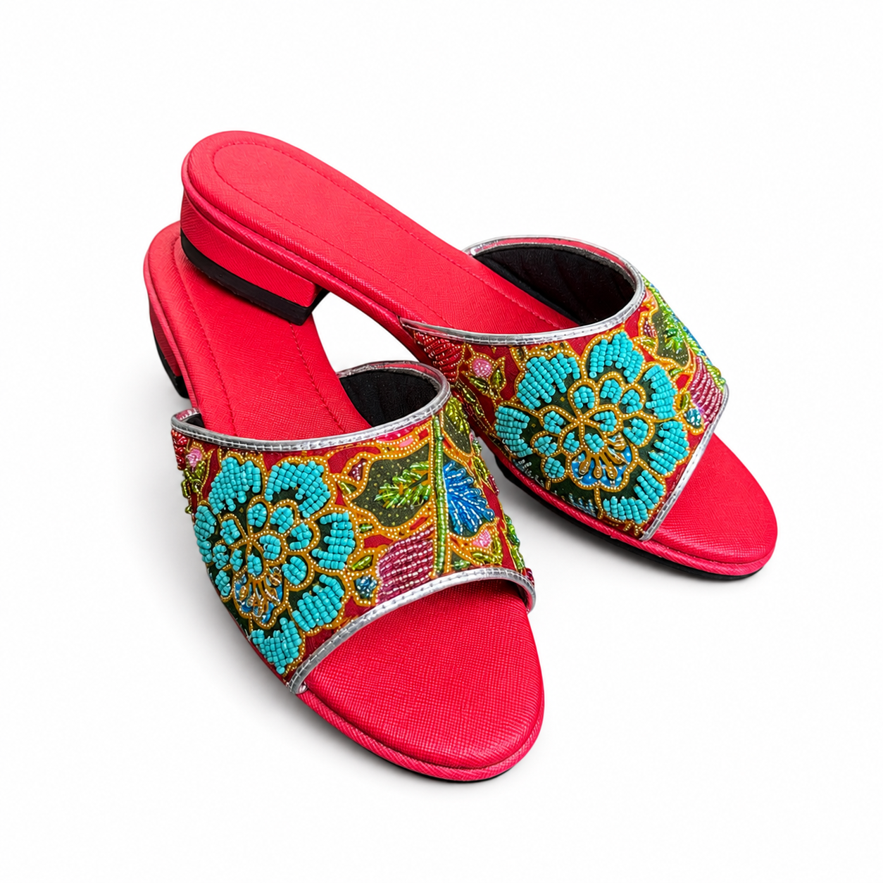 (FR-FLOT) Red Flats - Turquoise Beaded Flower