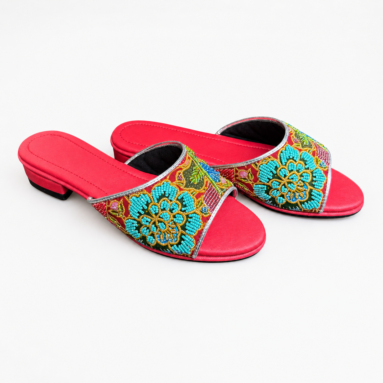 (FR-FLOT) Red Flats - Turquoise Beaded Flower