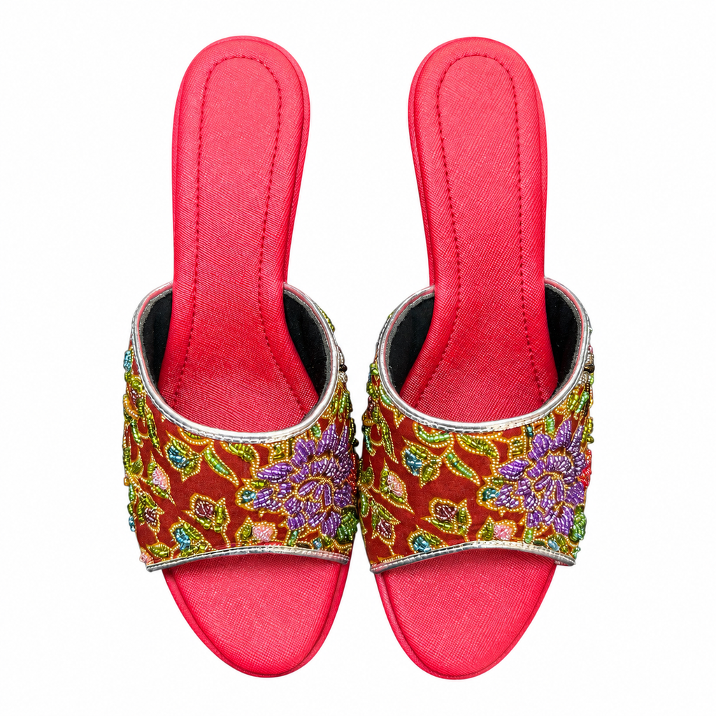 (HR-FLOPU) Red Heels - Purple Beaded Flower