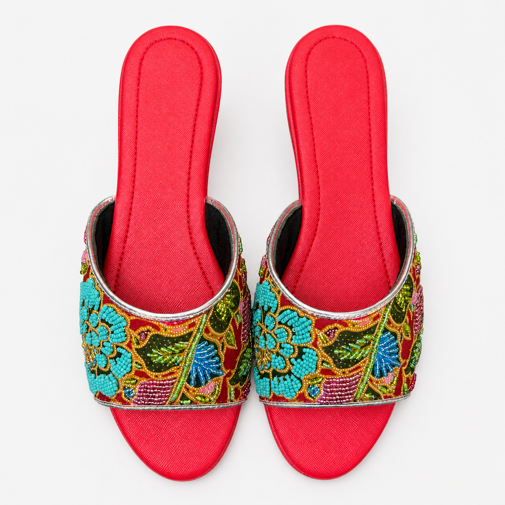 (FR-FLOT) Red Flats - Turquoise Beaded Flower