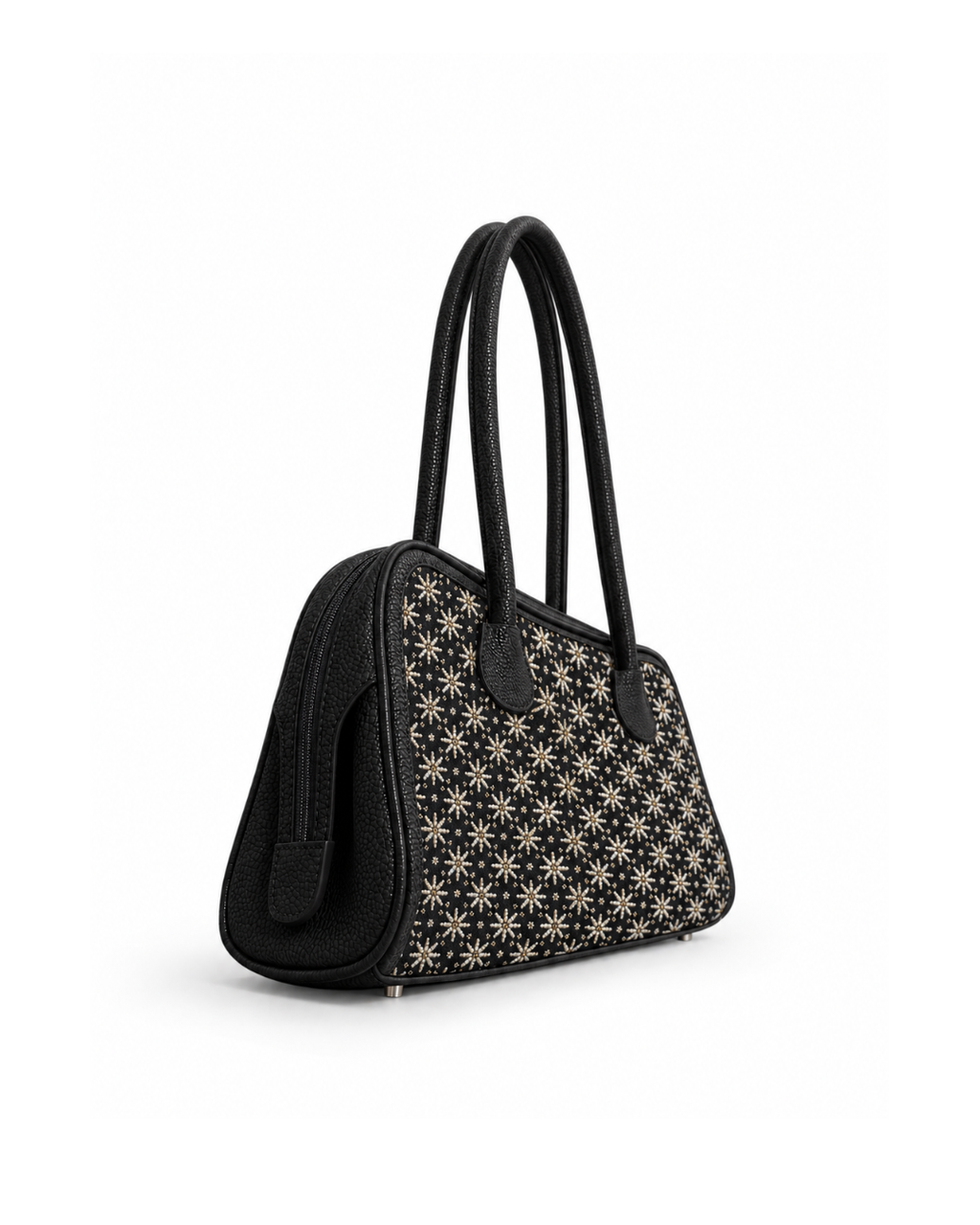 (TTCLBB-MD-BLK) Black Mini Daisies Leather Boston Bag