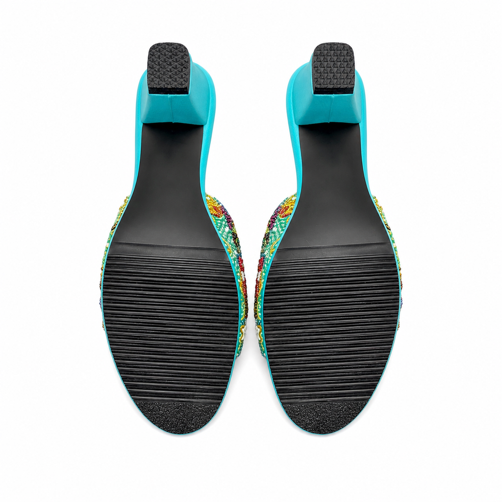 (HT-FLOPI) Turquoise Heels - Pink Beaded Flower