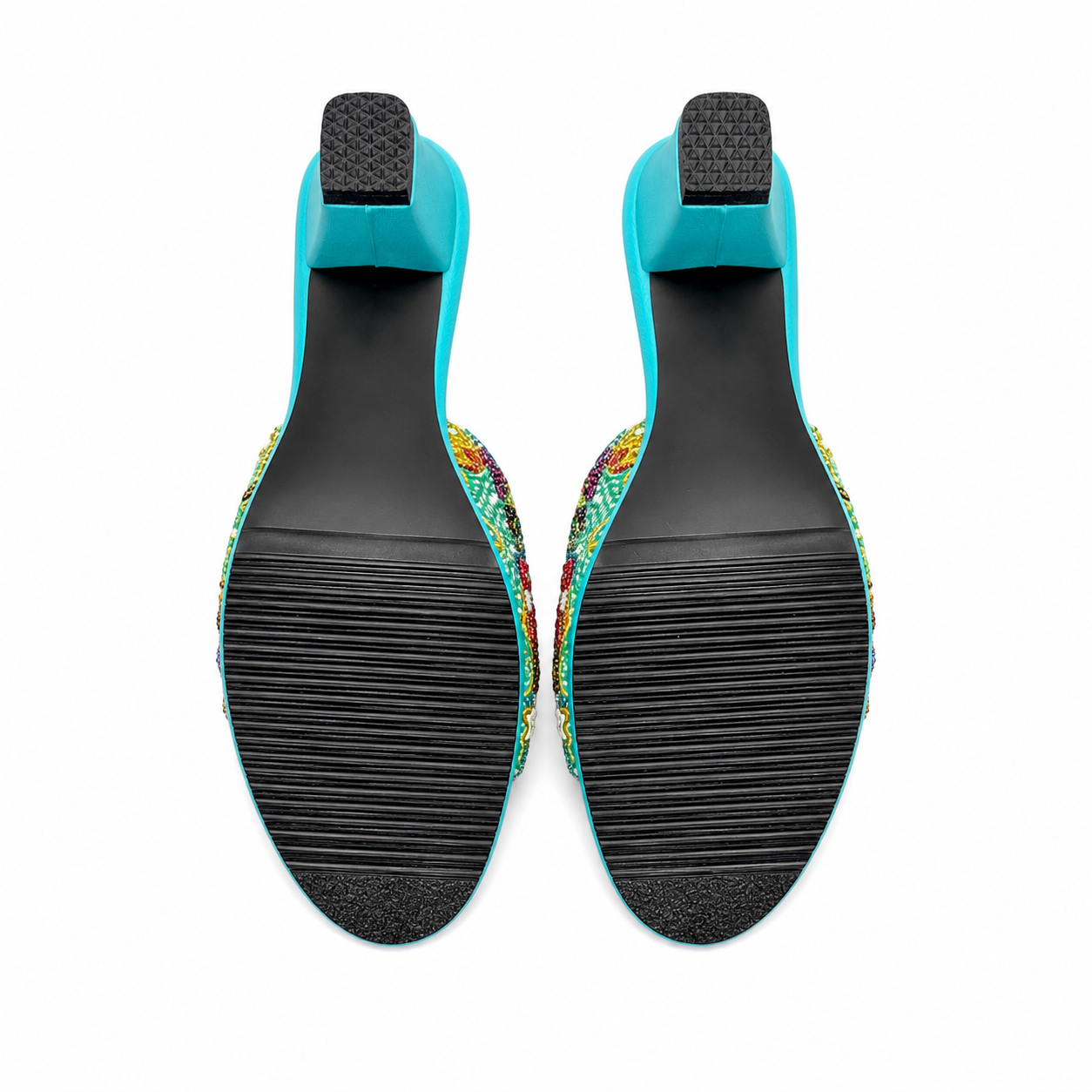 (HT-FLOPI) Turquoise Heels - Pink Beaded Flower