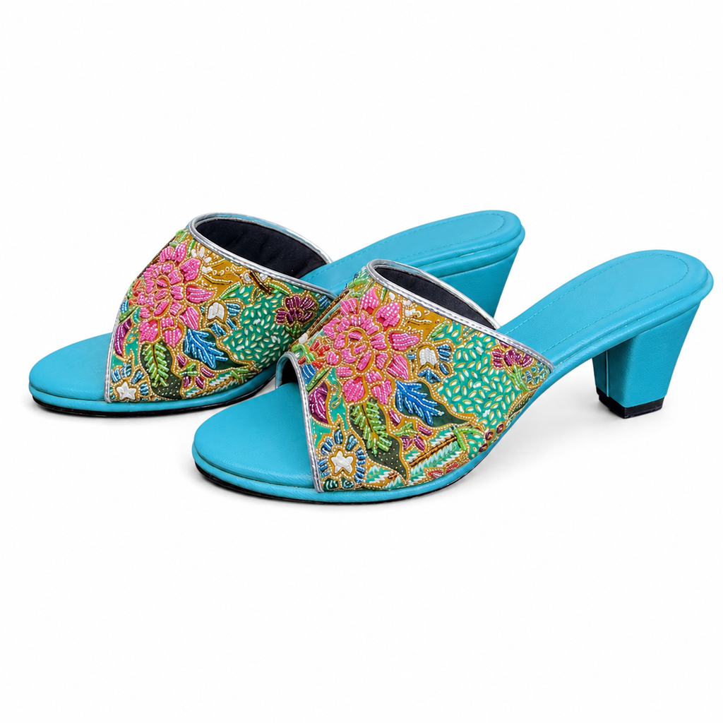 (HT-FLOPI) Turquoise Heels - Pink Beaded Flower
