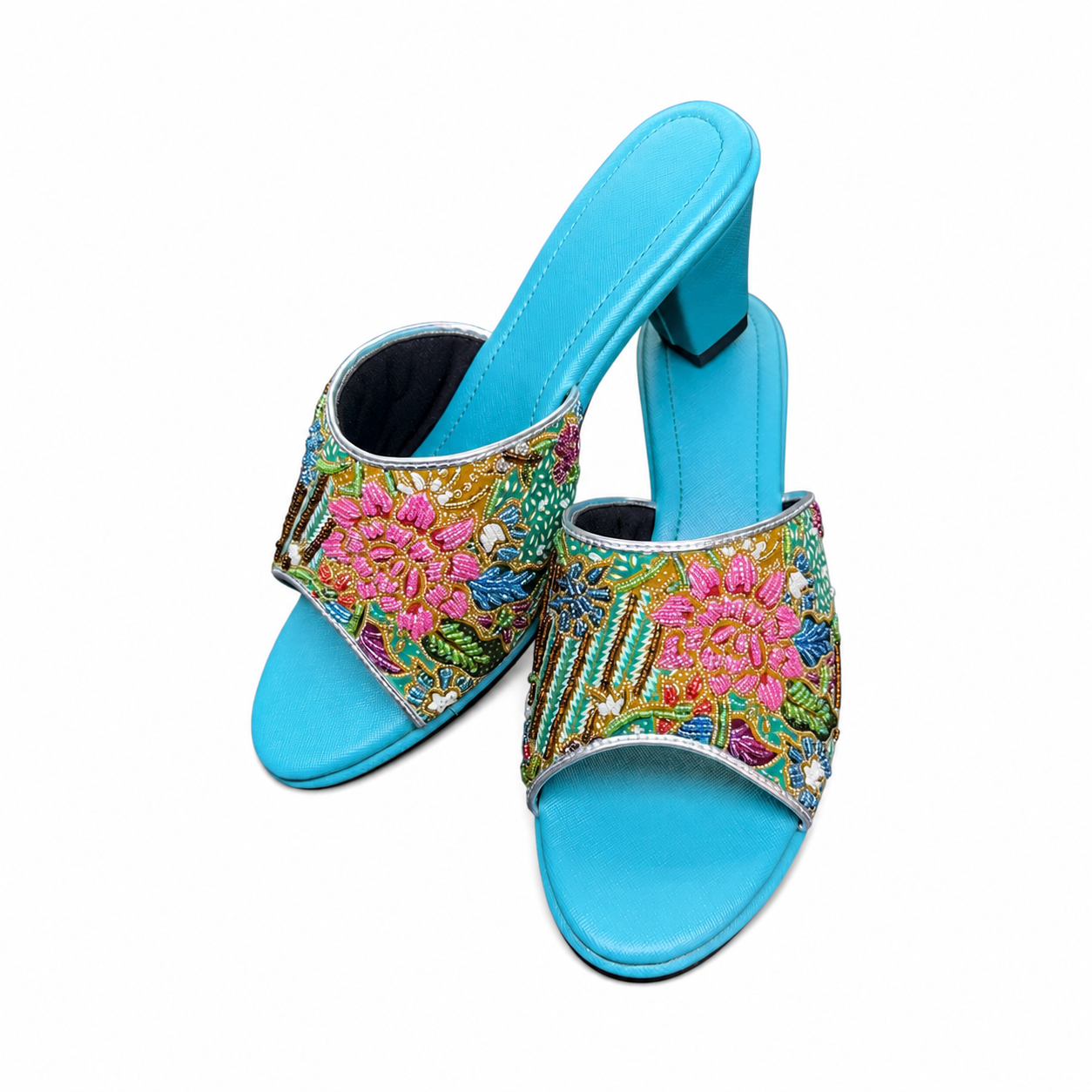 (HT-FLOPI) Turquoise Heels - Pink Beaded Flower