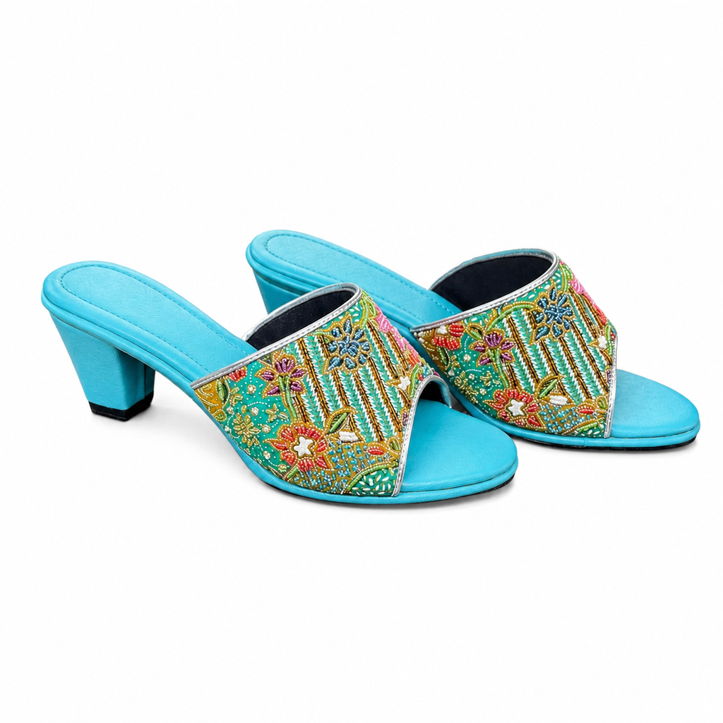 (HT-FLOPI) Turquoise Heels - Pink Beaded Flower